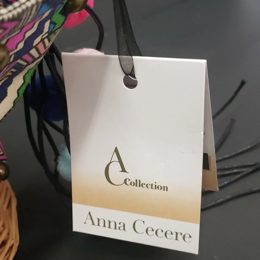Anna Cecere Patterned Fabric and Seagrass Handbag with Stud Detail